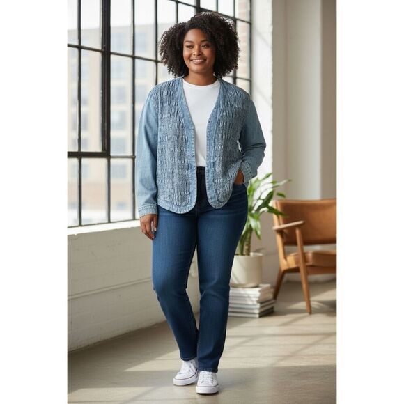 Vintage Saint German Paris Blue Denim Collarless Jacket Large Ruched Front Women - Picture 9 of 9